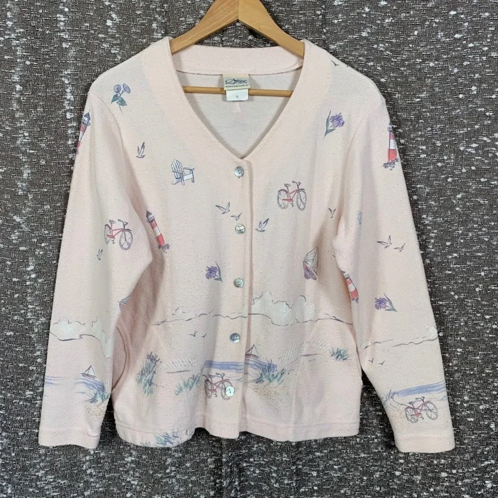 1990s Vintage Women's Artisans Designs Pink Outdoor Sweater Cardigan Beach Med